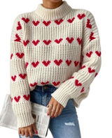 Womens Cream Red Heart Chunky Knit Mock Neck Sweater Pullover Small 0787 Photo 0