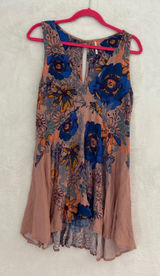 Free People Floral Sleeveless Mini Dress V-Neck High-Low Boho Pink‎ Blue XS Photo 0