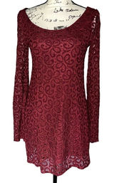 Altar'd State Burgundy Floral Lace Long Sleeve Mini Dress Scoop Neck Wine XS Photo 0