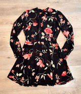 Reformation‎ Portia Dress Black Floral Print Long Sleeve Tie Neck Mini Size 4 Photo 0