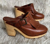 Madewell Brown Women’s Leather Fringe Mule Clogs Wooden Block Heels Size 7.5 Photo 0