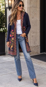 Lucky Brand Lucky Lotus Navy Embroidered Hooded Longline Jacket Photo 0