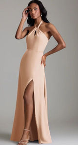 Azazie Tracie Maxi Dress English Rose A-Line Side Slit Stretch Satin Dress Sz 16 Photo 0