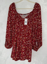 Stilletto's Size-L Dress Burgundy Mini Floral‎ Ballon Sleeves Pockets Photo 0