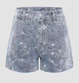 Cider Happy Hour Lotus Print Denim Mini Shorts High Rise Raw Hem Blue Size XL Photo 0