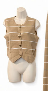 LA DIOSA L Khaki Stripe Knit Vest & Wide Leg Pants Set Gold Buttons NWT Photo 0