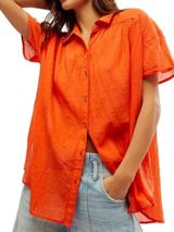 NWOT Free People Float Away Button Front Short Sleeve Shirt XS Orange Photo 0