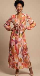 Petal & Pup Laquin Long Sleeve Maxi Dress Abstract Floral Cutout Bow Back Large‎ Photo 0
