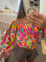 Vibrant Off-Shoulder Pink Geometric Women's Top Photo 0
