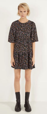 Bershka Womens Floral Babydoll Mini Dress Black Multi Tiered Puff Sleeve‎ Large Photo 0
