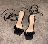 Braided Strap Black Lace-Up Heeled Sandals by Cathy Din size 7 Photo 0