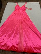 CINDERELLA DIVINE Satin V-Neck Spaghetti Strap Maxi Dress in Hot Pink Photo 0