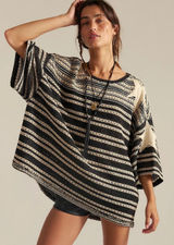 Free People We The Free Fun in the Sun Black & Cream Striped Star Knit Top Photo 0