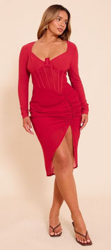 NWT PrettyLittleThing Womens Bodycon Corset Detail Ruched Midi Dress Size 4‎ Red Photo 0