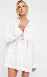 Free People Poplin Pullover Jacket Raincoat M/L White & Pink Hooded Lace Up NWT Photo 0