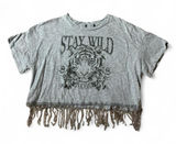 Womens Gray Graphic Crop T‎ Shirt Tiger Roses Stay Wild Live Free Fringe Grunge Photo 0