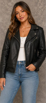 Fahsye Women's Black Faux Leather Asymmetrical Moto Biker Jacket Photo 0