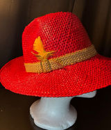 Vintage Red Woven Straw Fedora Hat with Yellow Feather and‎ Buckle Detail Photo 0