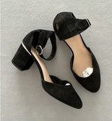 Nine West Block Heel Pumps Size 10M Black Suede Ankle Strap Metallic Trim Photo 0