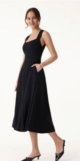 OGL Move Ponte Square Neck Midi Bra Dress with Pockets Black S Photo 0