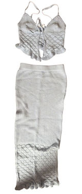 Olive+ Oak Light Blue Pointelle Knit 2 Piece Set Tie Front Crop‎ Top Midi Skirt Photo 0