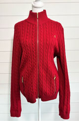 Ralph Lauren Y2K Red Cable-Knit Cotton Zip Cardigan with Gold Accents size L Photo 0