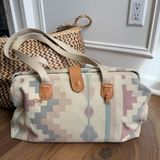 Vintage 90s Southwestern Pattern Canvas Satchel Clamshell Small Tote Mauve Teal Photo 0