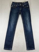 Miss Me Mid Rise Skinny Jeans Dark Wash Contrast Stitch Size 27 Blue Denim Photo 0