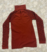 Free People Women’s Long Sleeve Ribbed Turtleneck with Lace Sleeves - Rust Photo 0