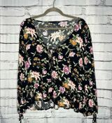 American Eagle Black Floral Tie-Front Blouse M Silky Viscose Resort Casual Top Photo 0