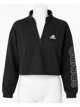 Adidas Womens M Cropped Quarter Zip Sweatshirt Black Logo Sleeve Pullover Photo 0