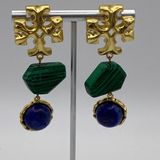 Tory Burch Roxanne double drop earrings with green malachite and resin. New Photo 0