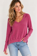 Mac and Me Pink Mineral Wash Waffle Knit Thumbhole Top Large Photo 0