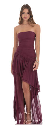 Lucy in the Sky Mesh Asymmetrical High Low Maxi Dress in Plum Photo 0