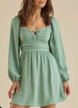 Altar’d State Bennett Babydoll Mini Dress NWT Sage Green Puff Sleeve M Photo 0