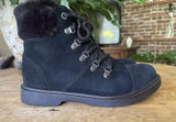 UGG Black Suede Shearling Hiker Boots Women Size 5 US 37 EU Lace Up Zip Winter Photo 0