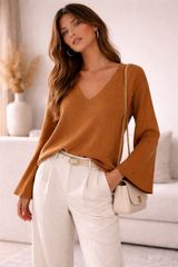 Reformation Brown Organic Cotton Blend V Neck Sweater Women S Bell Sleeve Luxury Photo 0