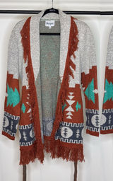 Wrangler Boho Western Aztec Print Fringe Belted Cardigan size XL Photo 0
