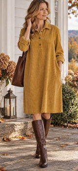 Vermont Country Store Mustard Corduroy Polo Dress S Cotton Cottagecore Photo 0