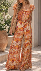 Free People Orange Bohemian Floral Print Smocked Wide Leg Jumpsuit Small Photo 0