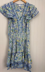 Poupette St Barth Short Sleeve Tiered Mini Dress Women Size Small Blue Green Photo 0
