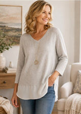 Neiman Marcus Cashmere Sweater L Beige 100% Cashmere Silk Hem V Neck Tunic Photo 0
