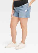 Isabel Maternity Mid Short Denim Jean Shorts Blue Raw Hem Crossover Panel Photo 0