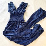 Max Studio Smocked Waist Jumpsuit Womens‎ Size S Blue Floral Ruffle Cap Sleeve Photo 0