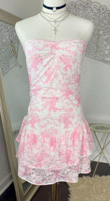 NWOT PINK x LoveShackFancy Strapless Lace Mini Dress Pink M Photo 0