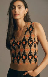 Anthropologie Maeve Heart Argyle V-Neck Knit Sweater Vest in Size Small Photo 0