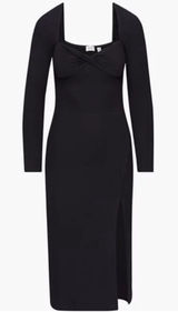 Aritzia Wilfred Black Palm‎ Dress Ling Sleeve Knit Midi Slit Twist Front Size M Photo 0