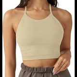 LASLULU Ribbed Halter Crop Tank Top‎ Cream Beige Seamless Workout Athleisure S Photo 0