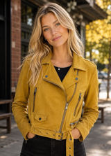 Zara Faux Suede Mustard Yellow Moto Jacket Belted Biker Zip Fall Grunge M Photo 0