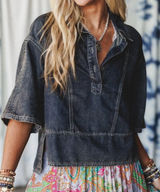 NEW Three Bird Nest Saddle Up Cotton Boho Oversized Coastal Cowgirl Denim Top S Photo 0